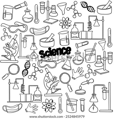 
Set of laboratory equipment in black and white outlined doodle style. Hand drawn childish chemistry and science icons set. Elements, formulas, test-tube. Vector hand drawn Science Doodle Elements