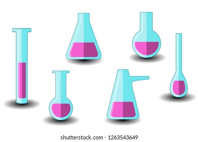 Set of laboratory equipment. Different types of blue test tubes with pink liquid. Flat vector set. Isolated on white.