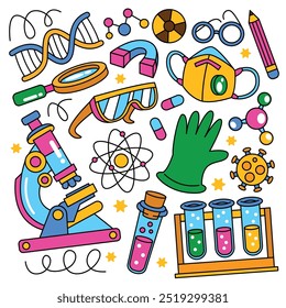 Set of laboratory equipment in doodle style. Hand drawn chemistry and science icons set illustration.