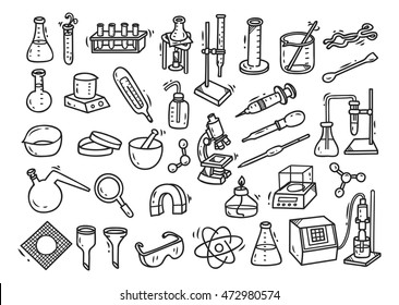 Set of laboratory equipment in doodle style