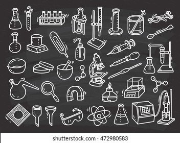 Set of laboratory equipment in doodle style
