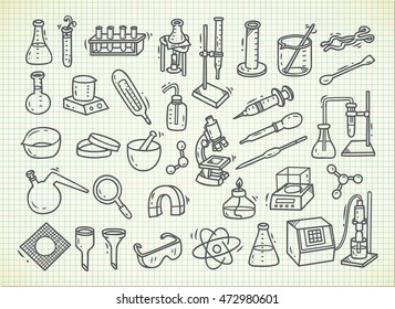 Set of laboratory equipment in doodle style