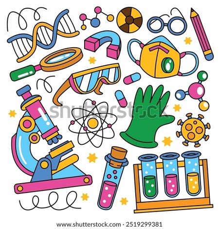 Set of laboratory equipment in doodle style. Hand drawn chemistry and science icons set illustration.