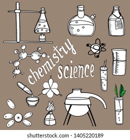 set of laboratory equipment molecules of atoms chemistry science flask pipette test tube