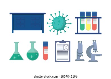 set of laboratory equipment vaccine research vector illustration design