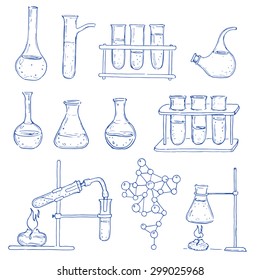 Set of laboratory equipment. Vector hand drawing icons. Vintage background. Linear illustration. Back to School. Chemistry and medicine.