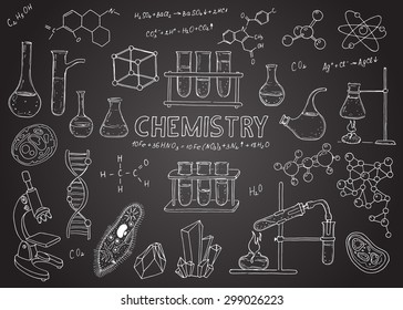 Set Of Laboratory Equipment. Vector  Hand Drawing Icons. Vintage Background. Linear Illustration.  Back To School. Chemistry. Chalk Board.