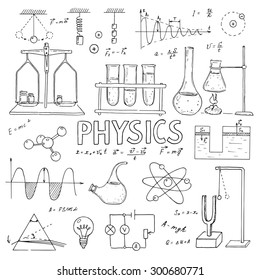 Set of laboratory equipment. Vector  hand drawing icons. Vintage background. Linear illustration.  Back to School. Physics. 