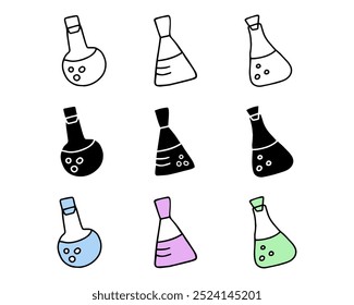 Set of laboratory flask icons with colored versions, black silhouettes, black outlined flasks with liquid, isolated on white background. Concept of science, chemistry, lab equipment. Design elements.