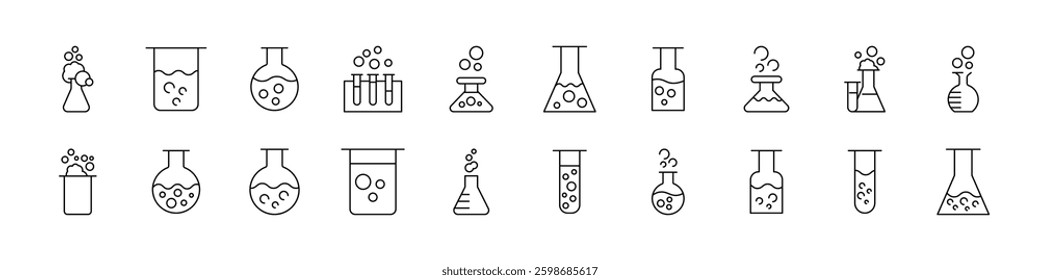 Set of Laboratory Flask Related Line Icons. Outline Signs for Graphic and Web Design, Apps, Adverts, Various Cards