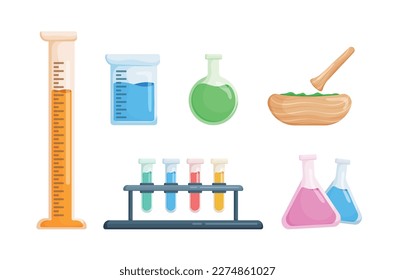 Set of laboratory flasks, chemical objects in flat design. Chemistry, beakers, flasks,Test tubes of various sizes, multicolored test tube liquids on racks,medicine grinder.