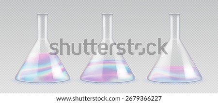 Set of  laboratory flasks or chemistry measuring glass tubes with holographic liquid isolated on transparent background. Vector illustration