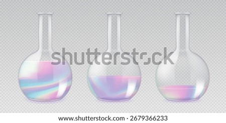 Set of  laboratory flasks or chemistry measuring glass tubes with holographic liquid isolated on transparent background. Vector illustration