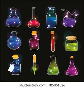 Set of Laboratory Flasks on  Black Background for Computer Games