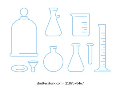 Conjunto de ícono de la línea de vidrio de laboratorio. Diferentes tipos de ícono de contorno del vector del matraz de laboratorio.