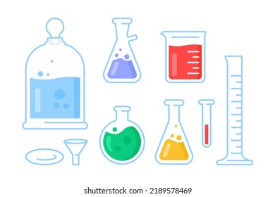 Set of laboratory glass modern icon. Different types of lab flask icons with liquid.