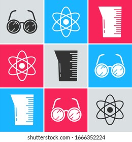 Set Laboratory glasses, Atom and Laboratory glassware or beaker icon. Vector