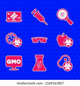 Set Laboratory glasses, Test tube and flask, Genetically modified meat, apple, GMO, Biohazard magnifying and engineering modification icon. Vector