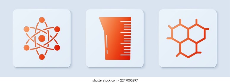 Poner en funcionamiento los vidrios de laboratorio o el vaso de precipitación, la fórmula Átomo y la fórmula química. Botón cuadrado blanco. Vector