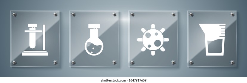 Laborgläser oder -becher, Bakterien, Reagenzglas und Messkolben auf Ständer stellen. Viereckige Glasplatten. Vektorillustration