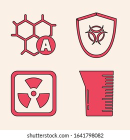 Set Laboratory glassware or beaker, Chemical formula, Biohazard symbol on shield and Radioactive icon. Vector