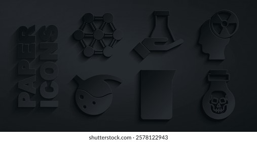 Set Laboratory glassware or beaker, Head and radiation symbol, Test tube flask, Poison in bottle,  and Molecule icon. Vector