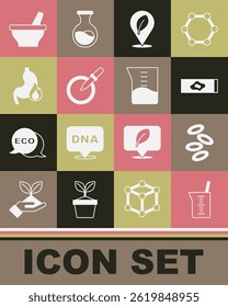 Set Laboratory glassware or beaker, Hemoglobin, Blood test and virus, Location with leaf, Petri dish pipette, Stomach heartburn, Mortar pestle and  icon. Vector