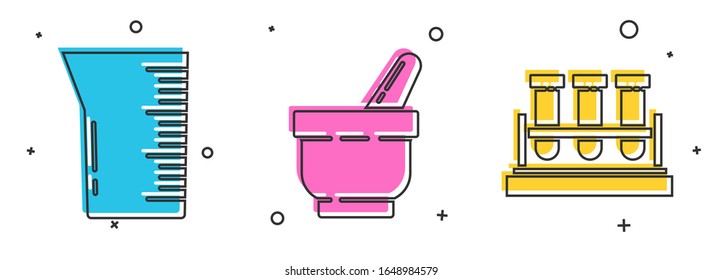 Set Laboratory glassware or beaker, Mortar and pestle and Test tube and flask chemical icon. Vector