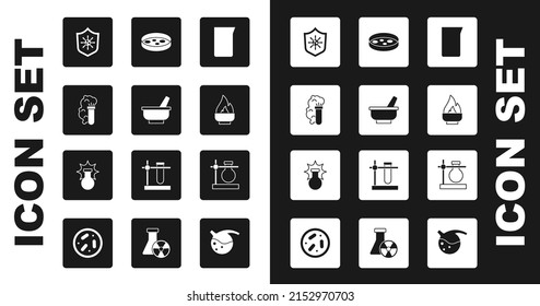Poner en funcionamiento los vidrios de laboratorio o el vaso de precipitados, Mortero y almirez, Explosión química, Escudo protegido del virus, Quemador de alcohol, Tubería de Petri con bacterias, Pista de probetas de tubo e icono. Vector