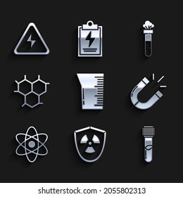 Set Laboratory glassware or beaker, Radioactive in shield, Test tube and flask chemical, Magnet, Atom, Chemical formula,  and High voltage sign icon. Vector