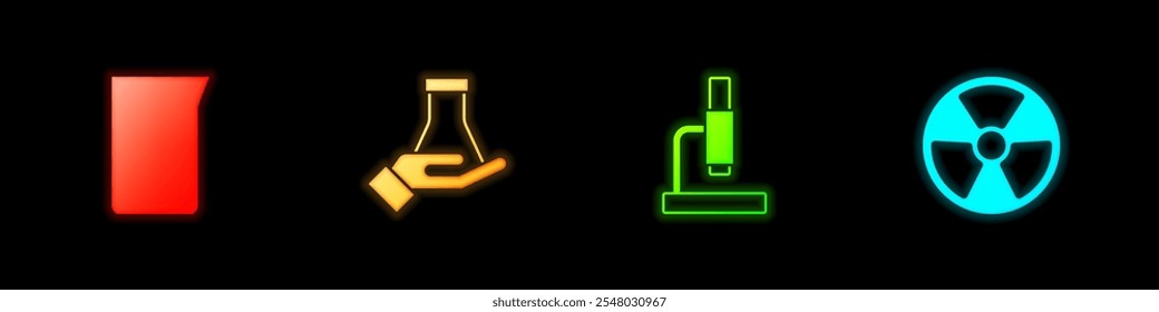 Set Laboratory glassware or beaker, Test tube and flask, Microscope and Radioactive icon. Vector