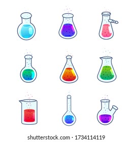 Conjunto de vidrios de laboratorio con solución de color. Ilustración vectorial. Aislado sobre blanco
