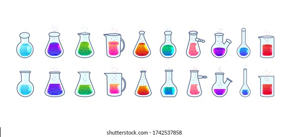 Conjunto de vidrios de laboratorio con solución de color. Proyección diferente - isometría y plano. Ilustración vectorial. Aislado sobre blanco