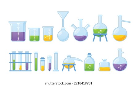 Conjunto de vidrios de laboratorio aislados en fondo blanco. Tubo De Laboratorio Graduado, Beaker Y Flask Lleno De Líquido De Diferentes Colores. Recogida De Equipos Para Ensayos Químicos. Ilustración del vector de dibujos animados