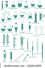 Set of laboratory glassware vector illustration isolated on white background. Laboratory glassware with names. Big collection of laboratory glassware. 