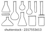 Set of laboratory glassware: volumetric flask, Erlenmeyer flask, round-bottom flask, Fernbach flask, Petri dish, test tube, graduated cylinder, and beaker