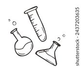 Set of laboratory glassware: volumetric flask, Erlenmeyer flask, round-bottom flask, Fernbach flask, Petri dish, test tube, graduated cylinder, and beaker