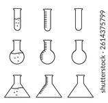 Set of laboratory glassware: volumetric flask, Erlenmeyer flask, round-bottom flask, Fernbach flask, Petri dish, test tube, graduated cylinder, and beaker