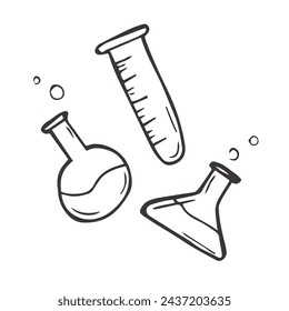 Satz von Laborglaswaren: Messkolben, Erlenmeyerkolben, Rundkolben, Fernbachkolben, Petrischale, Reagenzglas, Messzylinder und Becher