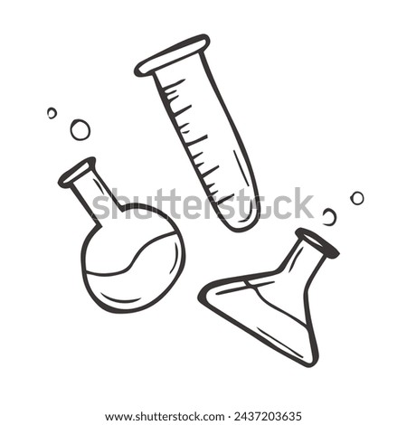 Set of laboratory glassware: volumetric flask, Erlenmeyer flask, round-bottom flask, Fernbach flask, Petri dish, test tube, graduated cylinder, and beaker