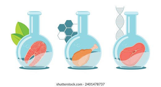 Set of laboratory grown meat of salmon, beef and chicken leg. Raw meat slices floating in the laboratory flasks. Icons to cultured meat.