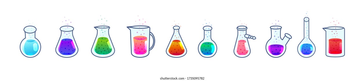 Conjunto de tubos de ensayo de laboratorio con solución de color. Ilustración vectorial. Aislado sobre blanco