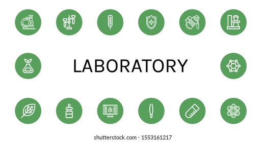 Set of laboratory icons. Such as Microscope, Test tube, Thermometer, Medical, Tube, Experimentation, Dropper, Virus, Tweezers, Physics, Science, Molecular , laboratory icons