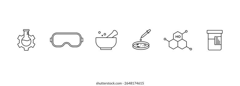 Conjunto de coleção de ícones da linha Laboratório. Experimento, ciência, tubo de ensaio, biologia, pesquisa, símbolo de laboratório.