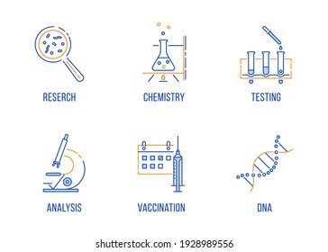 set of laboratory linear icons. concept of pharmacy potion, scientific process, biochemistry substance, clinical practice, school education. graphic design, simple elements isolated on white