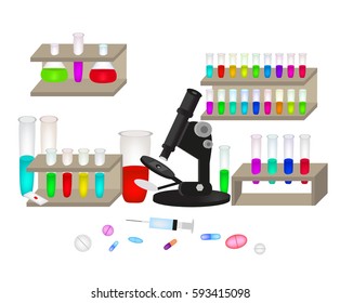 Set for the laboratory. Microscope. Multicolored tubes, flasks, tablets. Syringe Infographics Vector illustration