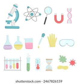 Set of laboratory and science elements, laboratory utensils collection, chemistry icons cartoon 