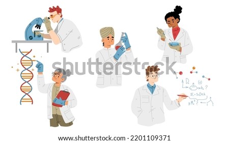 Set of laboratory scientists. Flat characters using microscope, studying medical substance, conducting genetic experiment, writing chemical formula, examining DNA sequence. Vector illustration