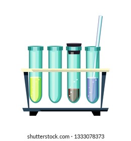 Set of laboratory test tubes. Glassware with various liquids for experiment. Can be used for topics like medicine, pharmacology, discovery
