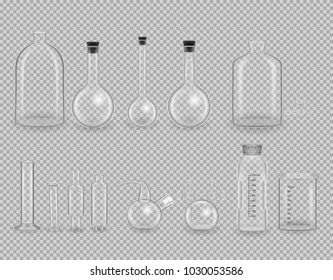 Set of laboratory transparent glassware instruments, test tubes. Layouts, mockup. Dishes for research, beaker, flask, empty equipment for chemical laboratory in realistic style. Vector illustration.